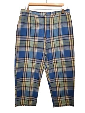 Linen Plaid Cropped Capris in Blue and Cream. Size 14